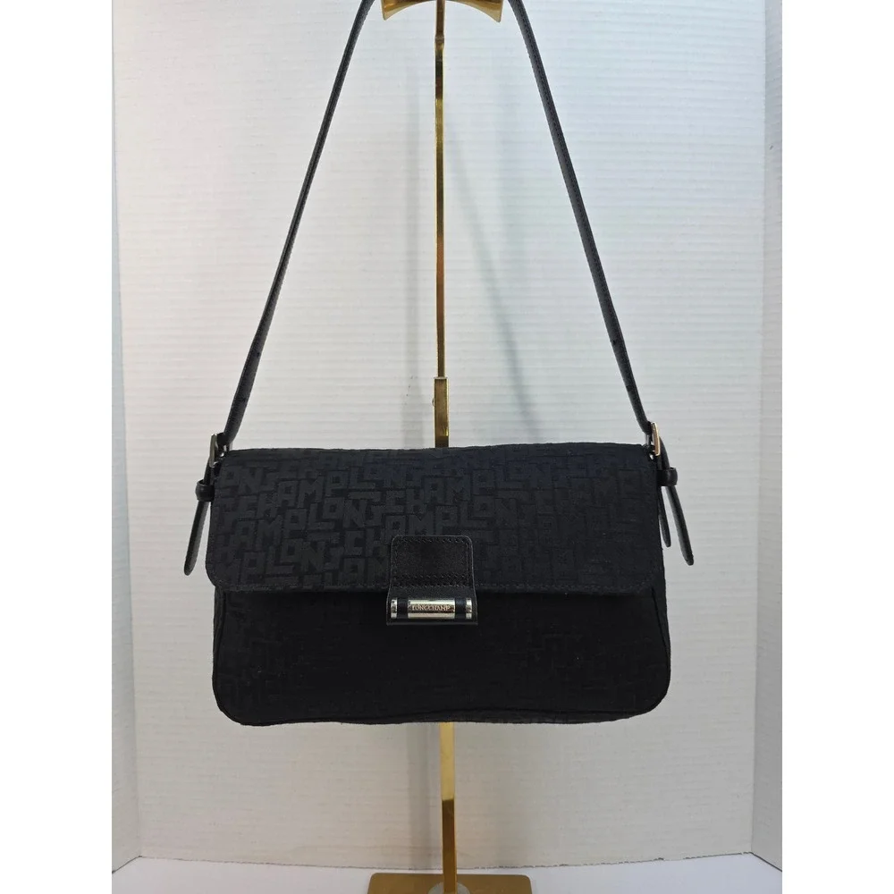 Longchamp Paris Black Monogram Jacquard Shoulder Bag Made in France Baguette